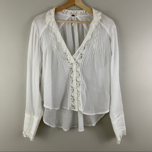 FREE PEOPLE White Lace Trim Lightweight Clemence Cottagecore Button Down Blouse - Picture 4 of 16